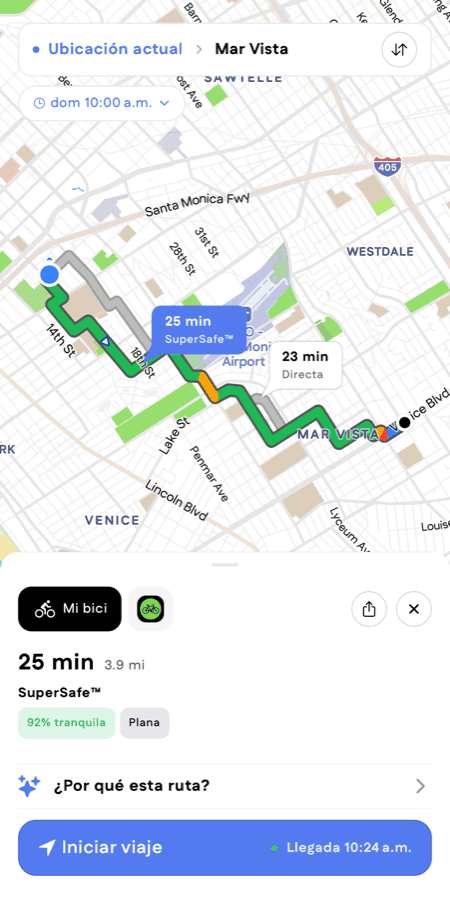 The Cyclemate planner in Spanish: a SuperSafe route from Santa Monica to Mar Vista in Los Angeles, with "92% tranquila", "¿Por qué esta ruta?" and an "Iniciar viaje" button.